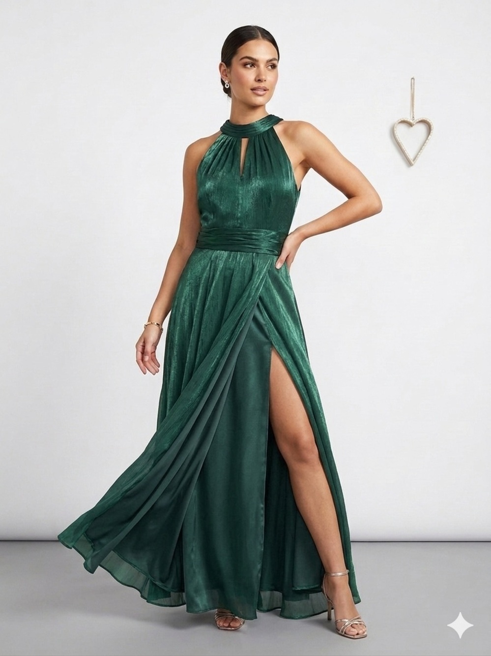 Xscape Hunter Green Halter Maxi Dress Metallic Shimmer High Slit Ruched Sz 10